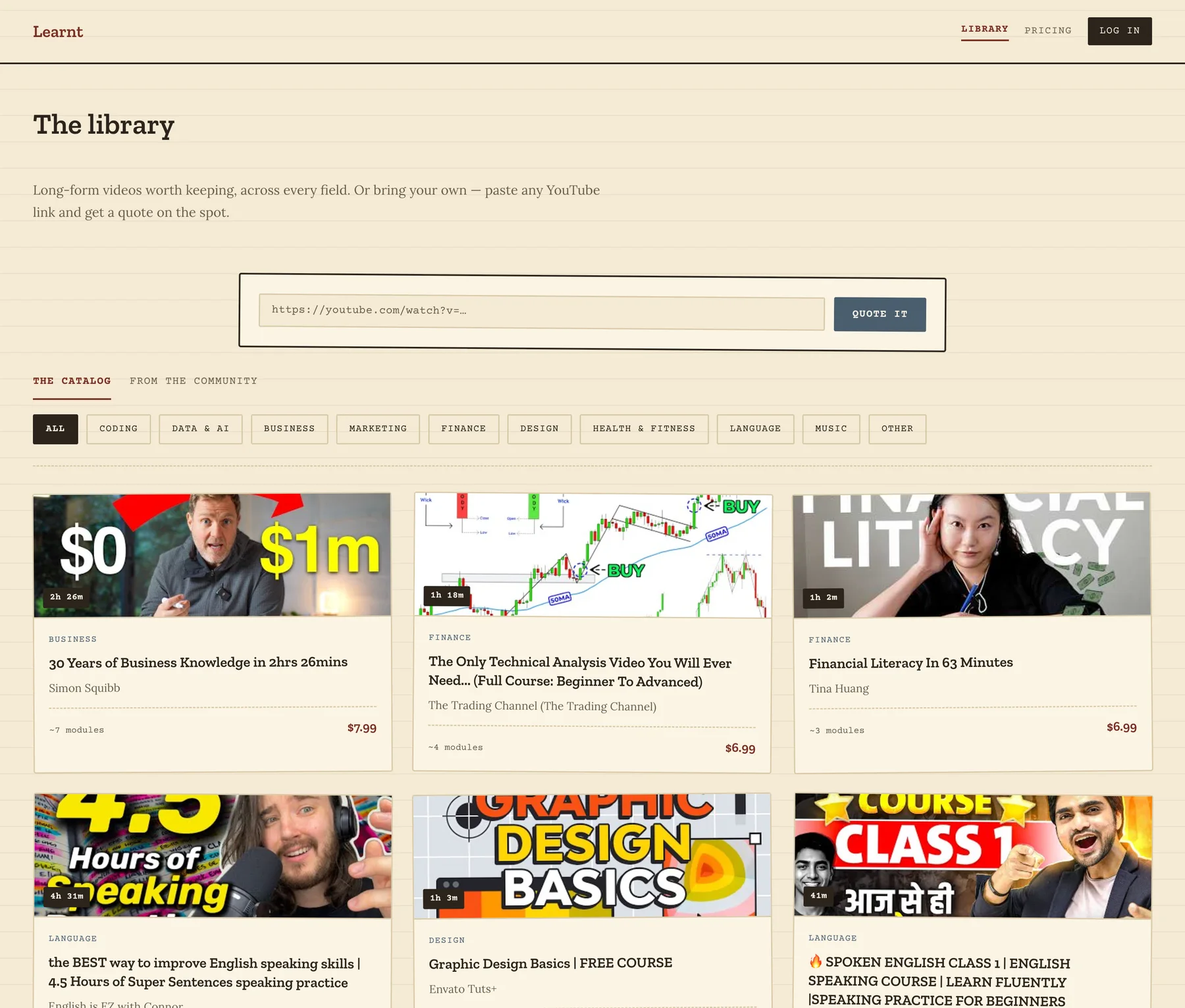The library page: quote box, category chips, and rows of video tiles with prices.