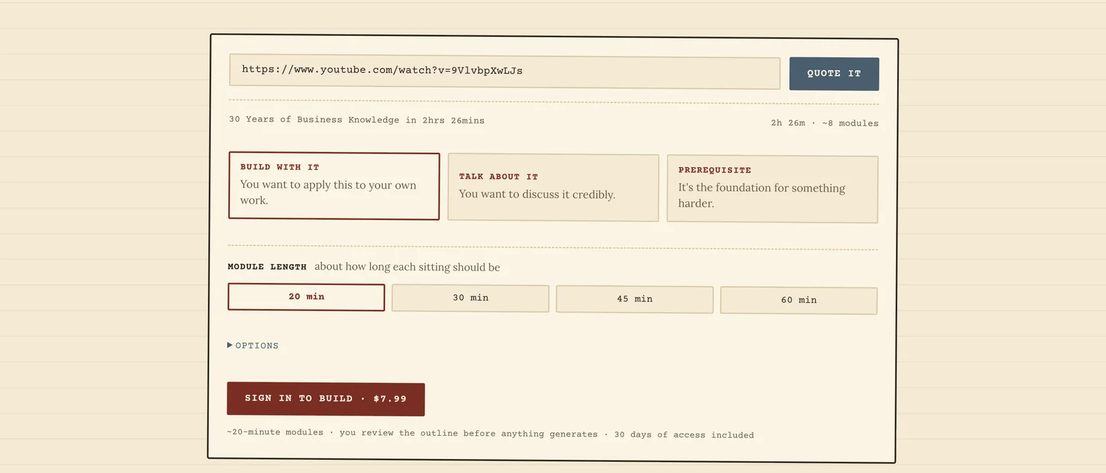 The quote box with a business video pasted in, showing length, module estimate and a $7.99 build button.