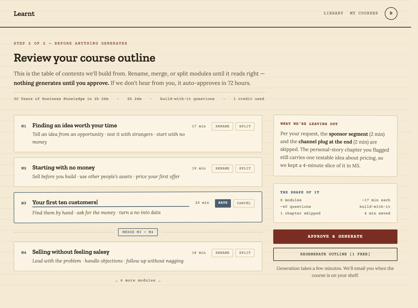 Review your course outline: modules with objectives, rename, split and merge controls, and an Approve and generate button.